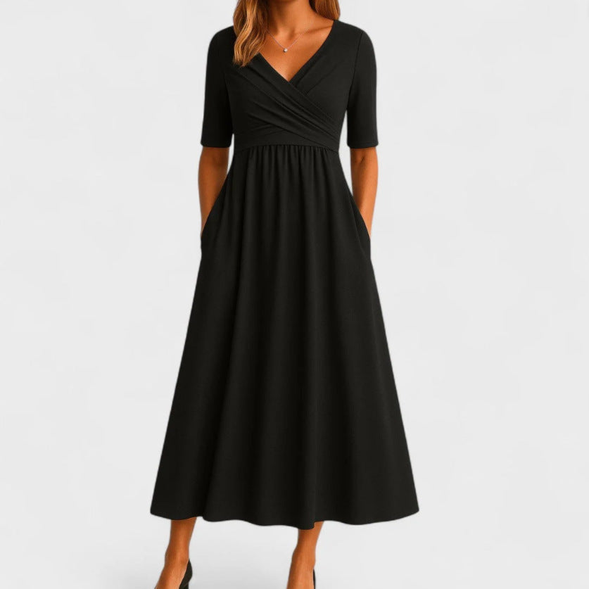 Women's Half Sleeve V-Neck Ruched Midi Dress