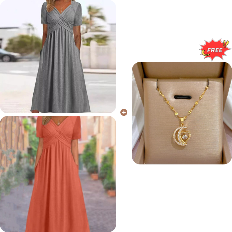 🍀LAST DAY SALE 50% OFF🍀Women’s V-Neck Short Sleeve Long Dresses