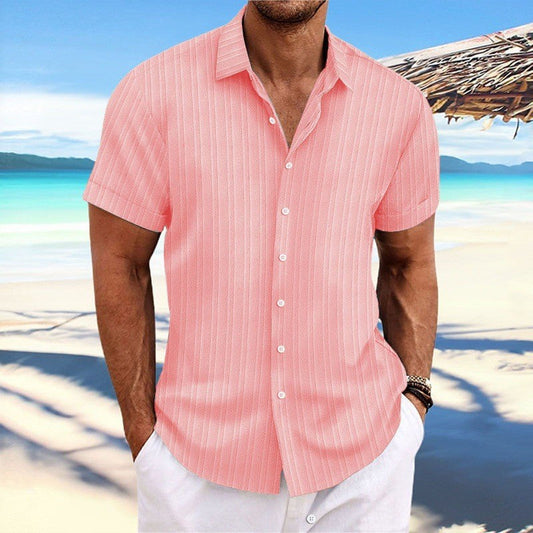 Men's Striped Loose-Fit Short Sleeve Button Down Lapel Shirt
