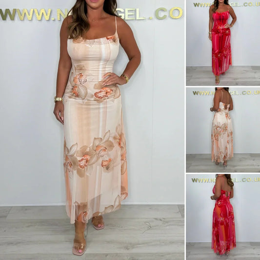 Spaghetti Strap Mesh Floral Maxi Dres💖Spring sale-49% OFF