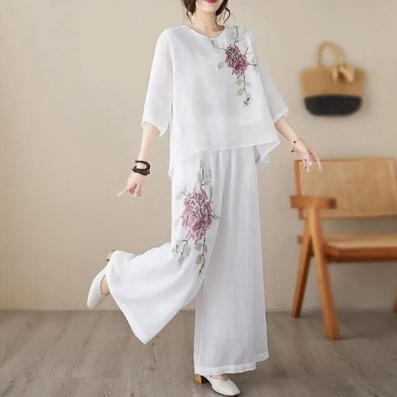 Vintage Embroidered Cotton Linen 2-Piece Set