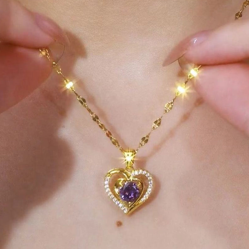 Elegant Double Heart Necklace with Purple Rhinestone