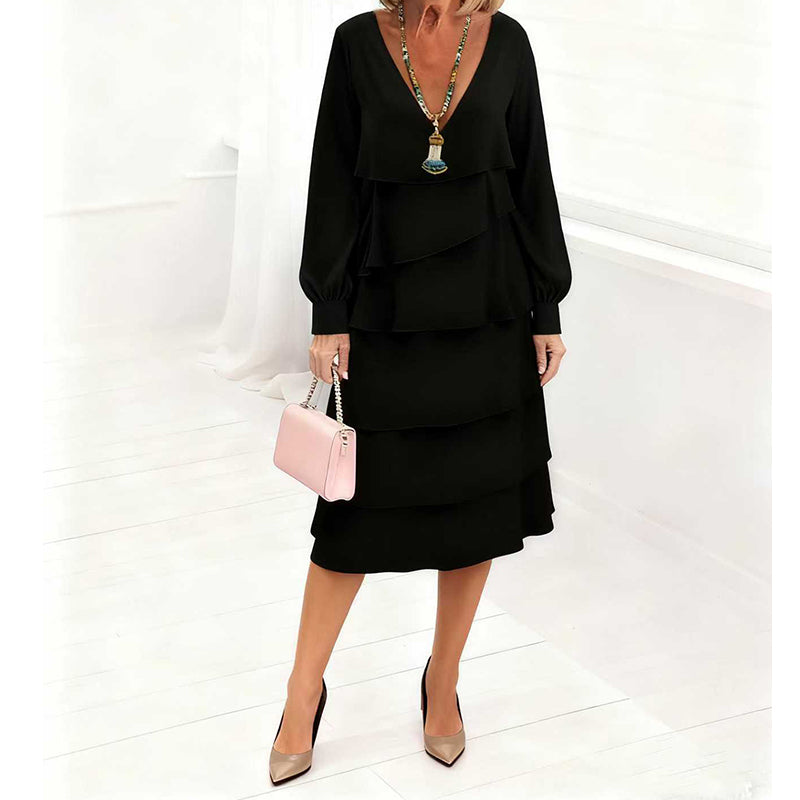 Elegant V-Neck Tiered Long Sleeve Dress