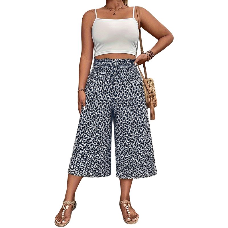 Women's Smocked High Waist Wide-Leg Capri Pants