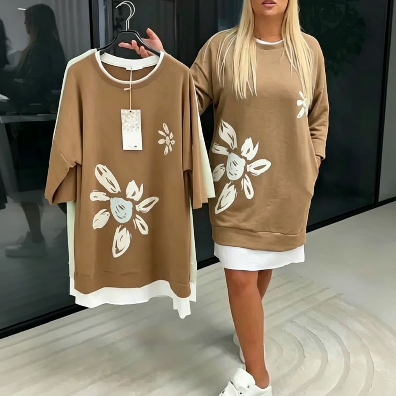 Women's Floral Print Fake Two-Piece Sweatshirt Dress