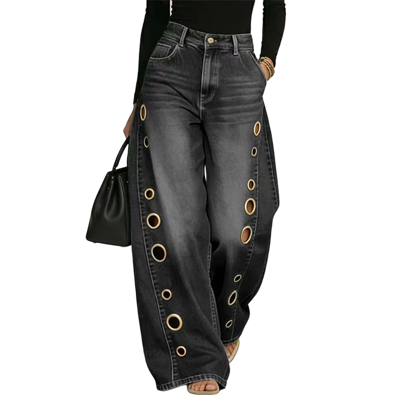 Women's Wide-Leg Jeans with Grommet Detail