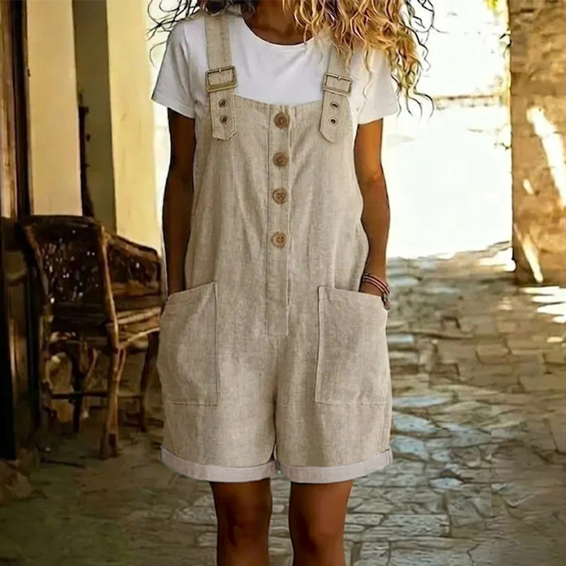 👖 LIMITED-TIME 50% OFF! 🌸 Retro Solid Color Romper with Adjustable Straps – Button-Front, Large Pockets, Relaxed Fit ✨