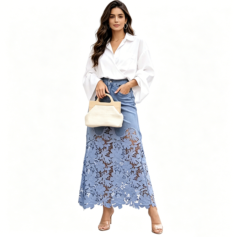 Women's Denim Bodycon Skirt with Hollow Lace Trim