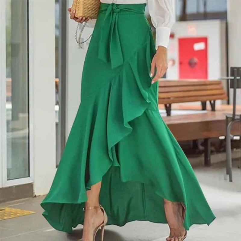 Women's High-Waist Asymmetrical Ruffle Maxi Skirt