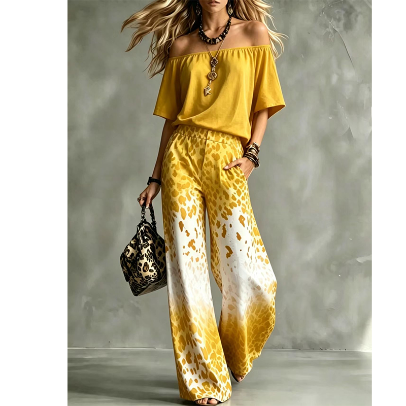 Women's Off-Shoulder Gradient Leopard 2-Piece Outfit