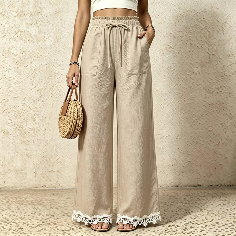 Women's Wide Leg Linen Pants with Lace Hem