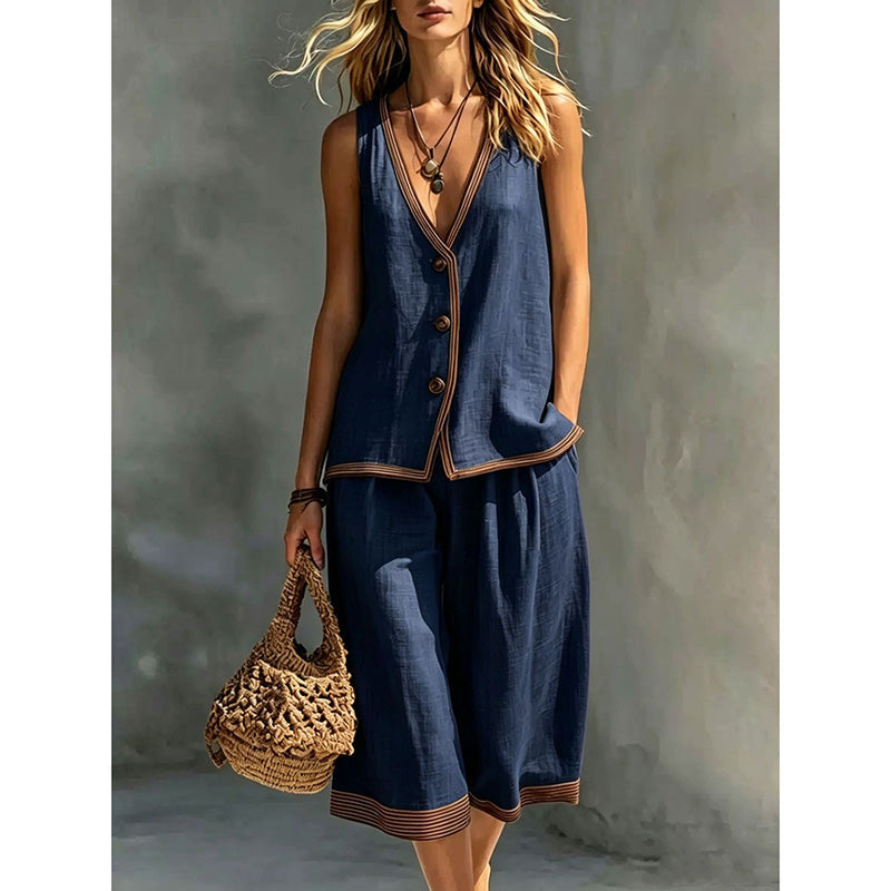 Women's Sleeveless V-Neck Top & Wide-Leg Pants Set