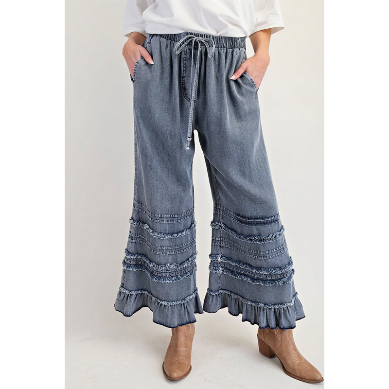 Women's Ruffle Hem Tencel Denim Wide Leg Pants