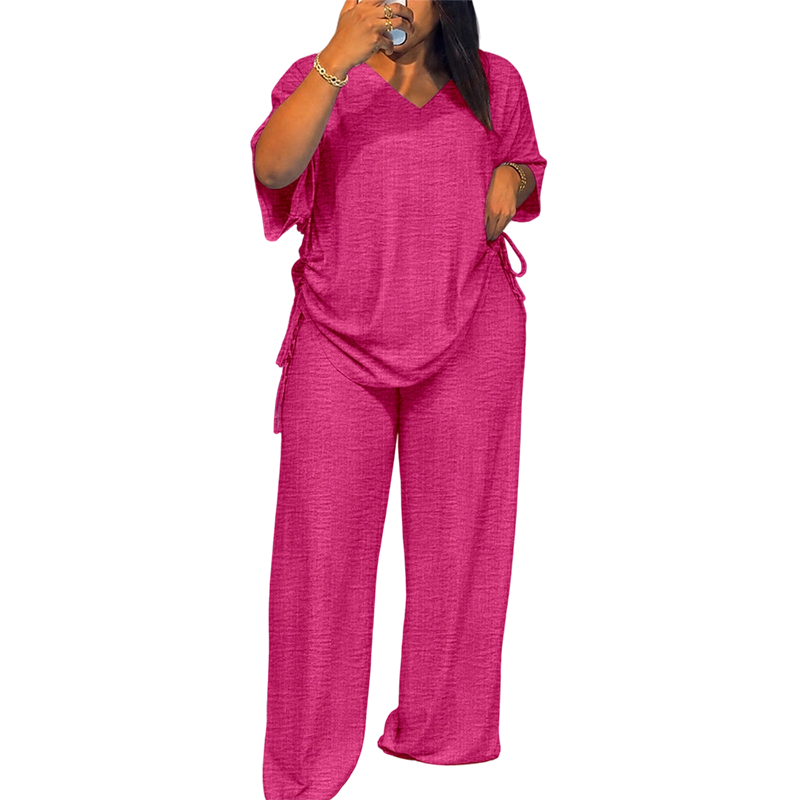 ✨🔥 Women’s Casual V-Neck Top & Wide-Leg Pants Set