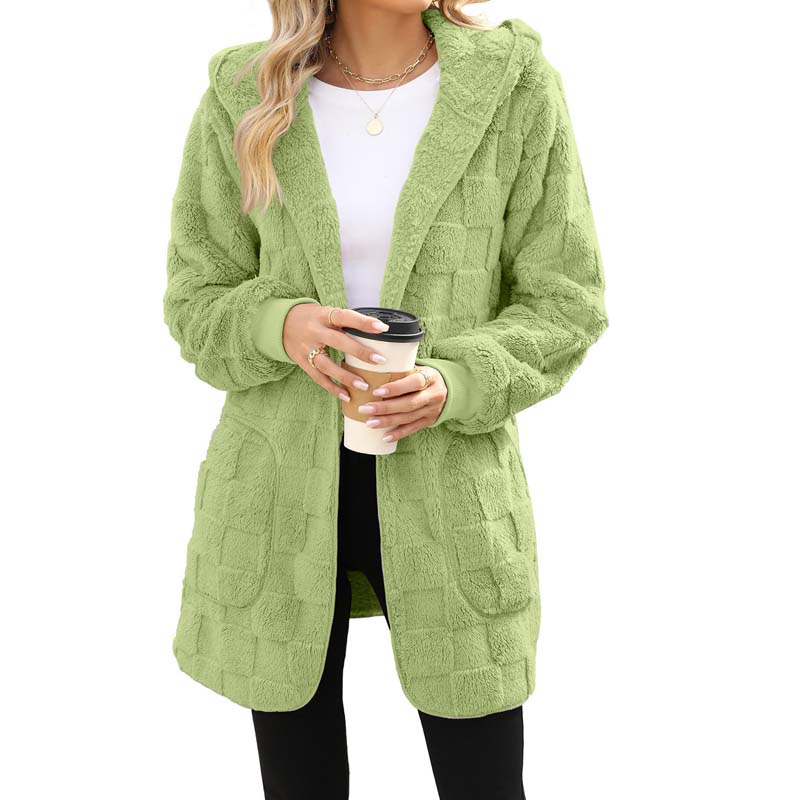 🌸 50% OFF NOW!Hooded Fluffy Fleece Cardigan, Textured Check Pattern Open Front Coat with Pockets