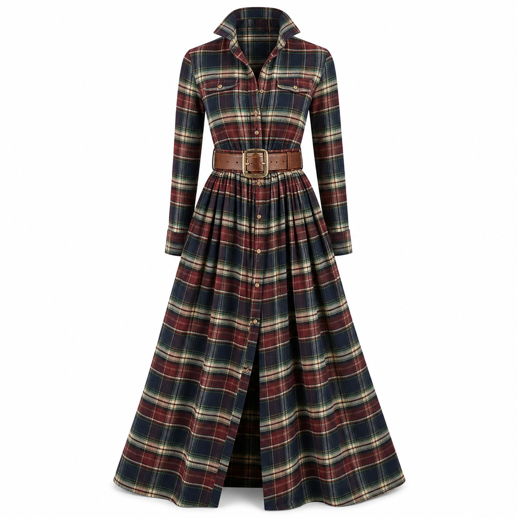 Plus Size Women French Vintage Plaid Dress with Irregular Hem and Slimming Design