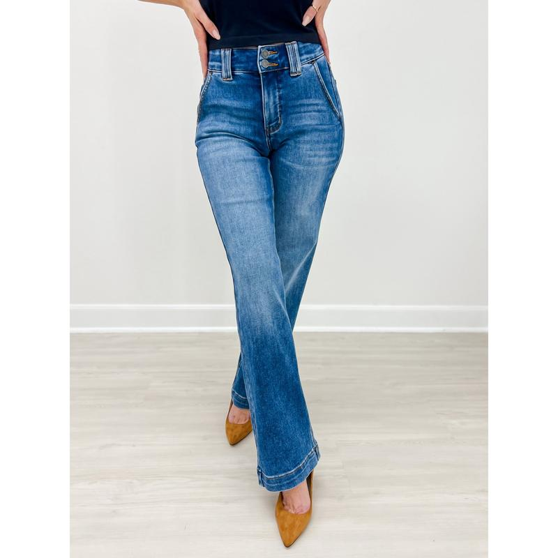 ✨👖Women's High Waisted Flare Jeans Stretch Denim Slim Fit Pants with Double Button Waist