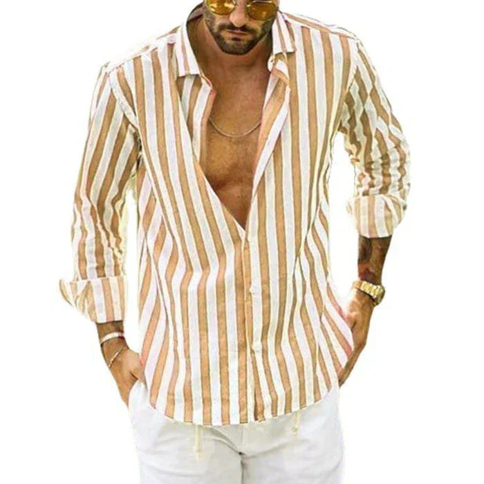(50%OFF) The Best Gift For Husbands And Fathers-Men's Cotton Linen Striped Button Down Long Sleeve