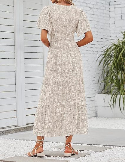 ⏰Hot Sale 49% Off👗Women's Casual Floral Print Short Flutter Sleeve Smocked High Waist Flowy Maxi Dress