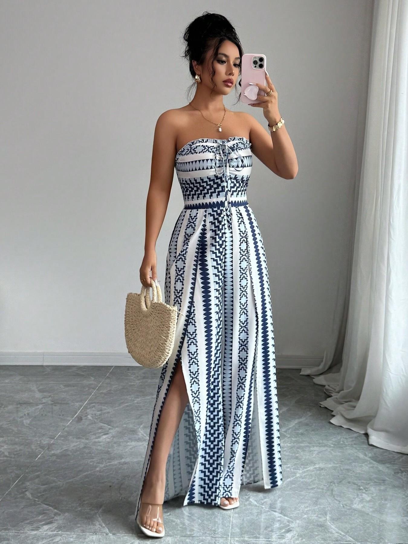 👗 Geometric Jumpsuit with Halter Neckline & Side Slit – Unique print & elastic back