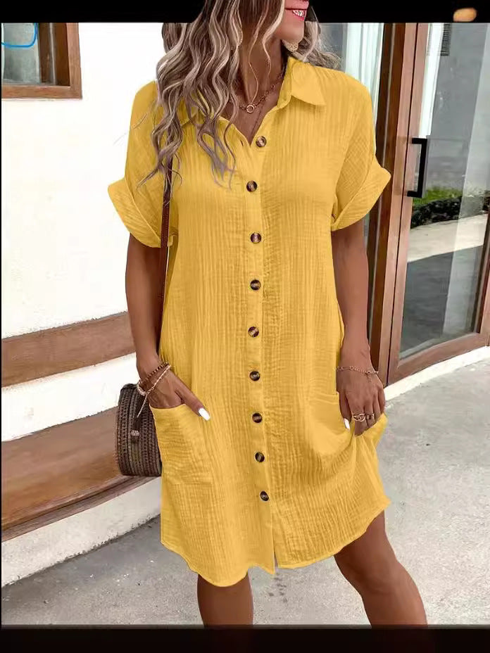 💎 60% OFF! 💎 Women's Buttoned Short Sleeve Pocket Shirt Dress – Cotton Blend, Relaxed Fit & Everyday Versatility (M–2XL) 👗🌿