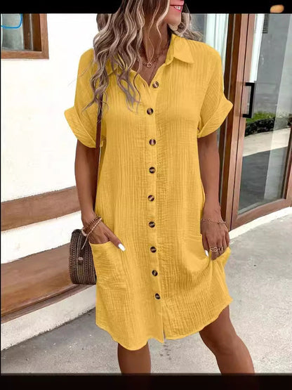 💎 60% OFF! 💎 Women's Buttoned Short Sleeve Pocket Shirt Dress – Cotton Blend, Relaxed Fit & Everyday Versatility (M–2XL) 👗🌿
