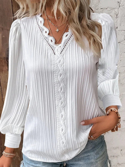 Women's Long Sleeve V Neck Lace Loose Shirt (🎁2024 New Year Hot Sale🎁)Buy 2 Free Shipping