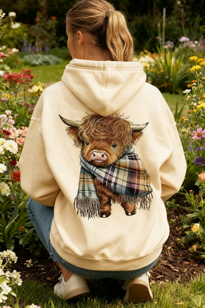 🐮 50% OFF!!🎁Cute Highland Cow Print Fleece Lined Hooded Sweatshirt 🧥 Warm Cozy Winter Hoodie