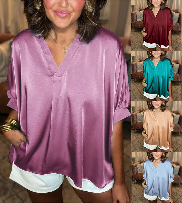 ⏰Don't miss your 49% off! 🔥Classic women's blouse in silk satin with a V-neckline and short sleeves