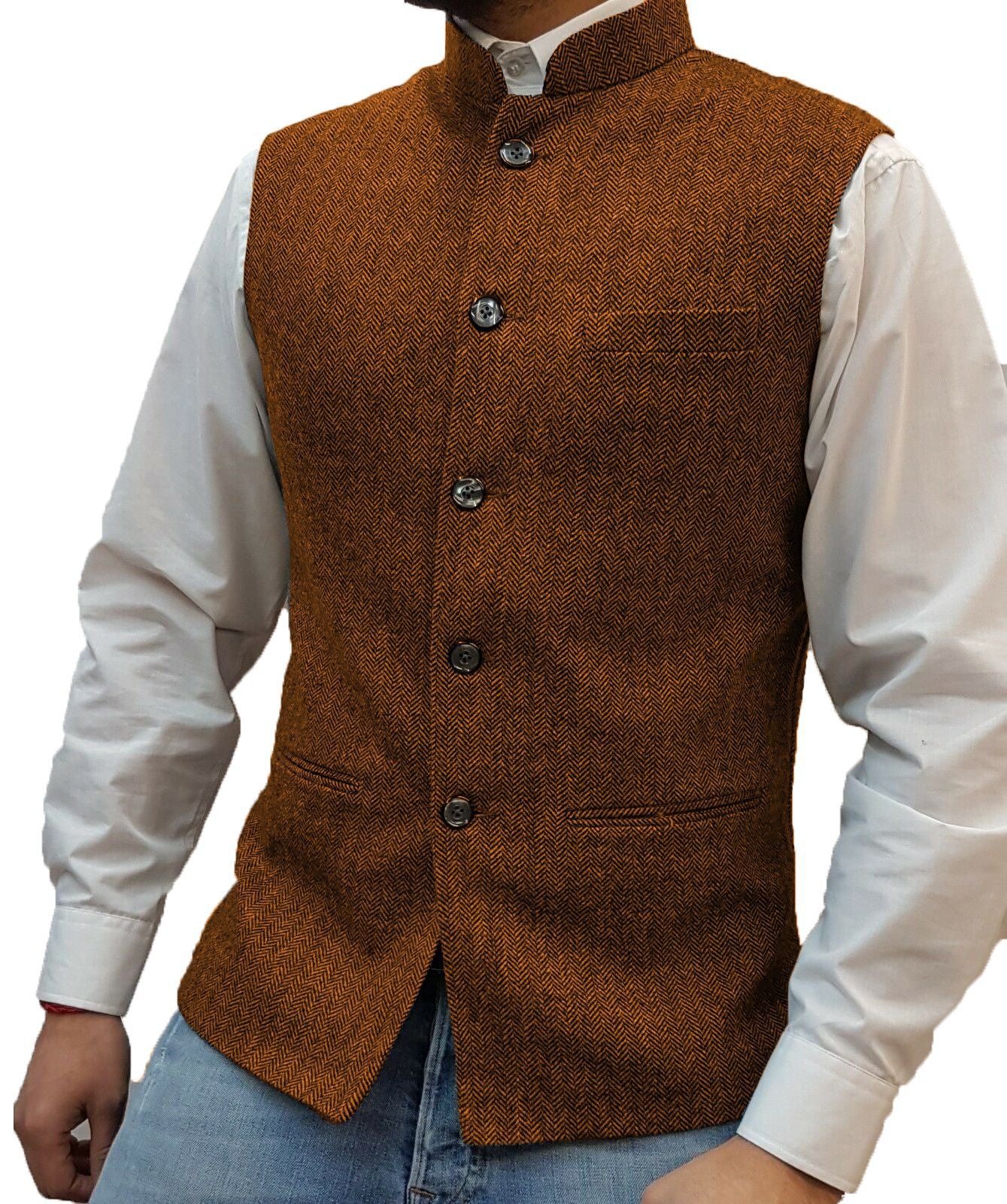 Men's Herringbone Waistcoat with Stand Collar