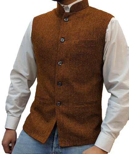 Men's Herringbone Waistcoat with Stand Collar