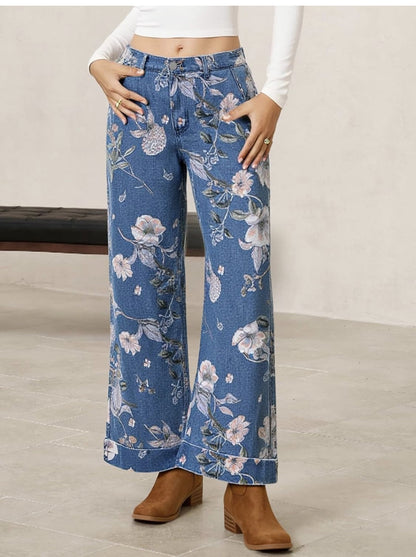 Women's Floral Print Wide-Leg Cropped Jeans