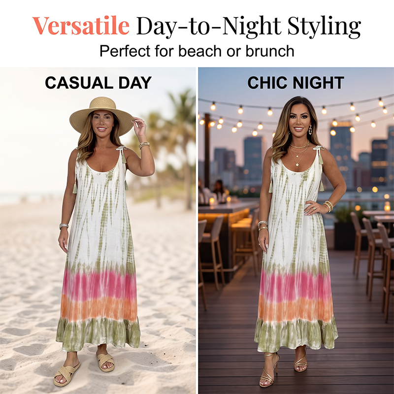 🔥Summer Sale 49% OFF💝Women Summer Tie Dye Maxi Dress Sleeveless Beach Sundress🌙 Free Moon & Star Necklace for today’s first 30 orders! 🎁