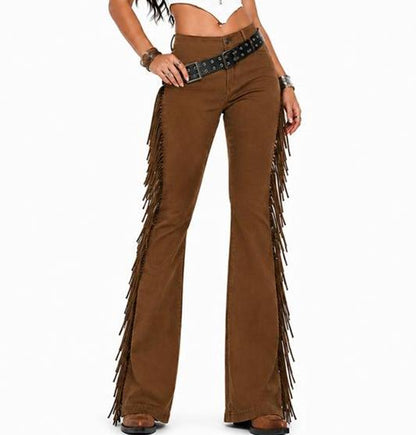 ✨ Western Statement Style | Women's High-Waist Flare Jeans with Side Fringe