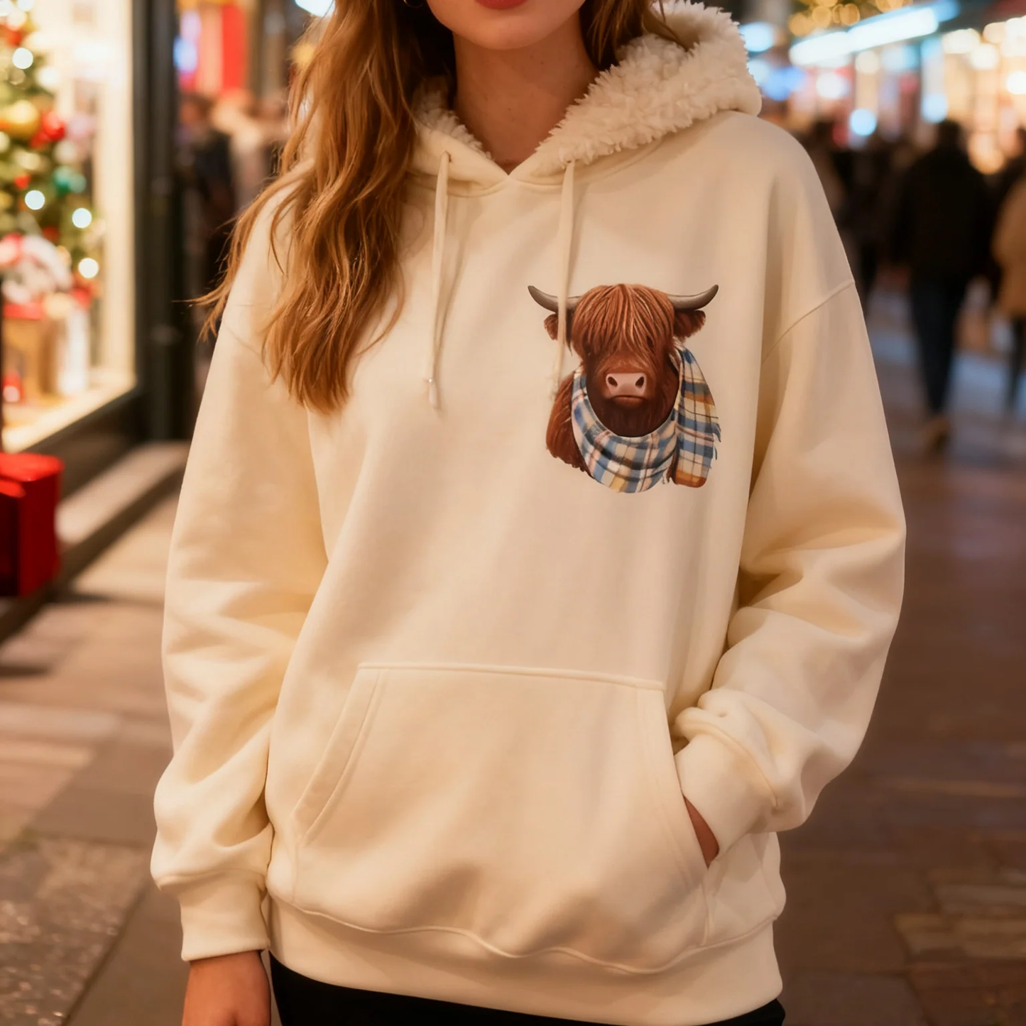 🐮 50% OFF!!🎁Cute Highland Cow Print Fleece Lined Hooded Sweatshirt 🧥 Warm Cozy Winter Hoodie