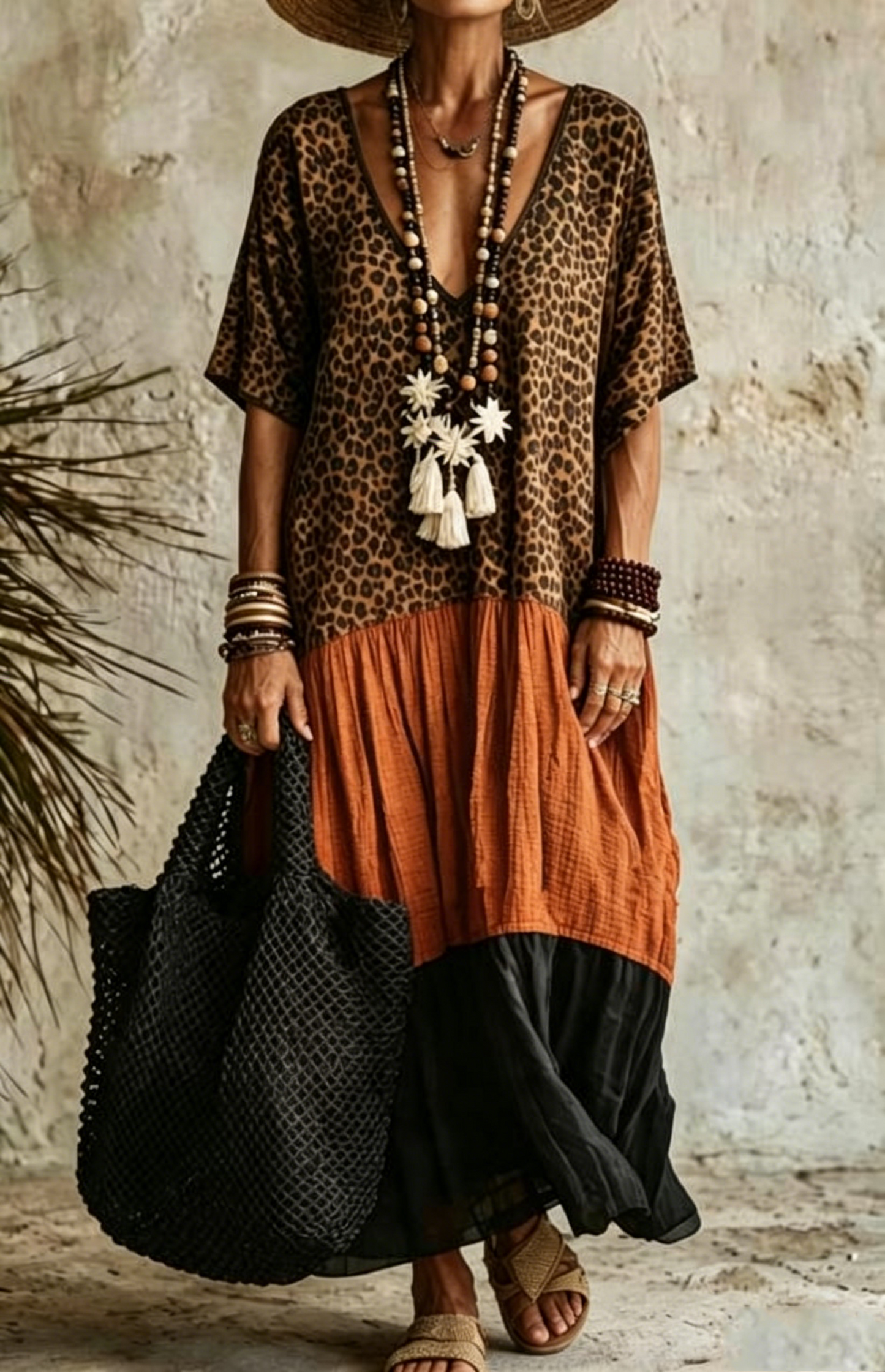 Women's Elegant Bohemian Maxi Dress | Modest V-Neck Tiered Skirt Lightweight Holiday Tunic for Mature Ladies