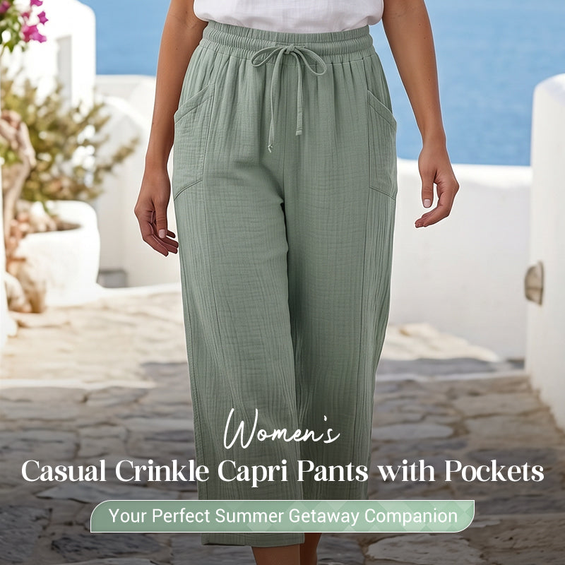 Women's Solid-Color Pleated Cotton-Linen Cropped Pants