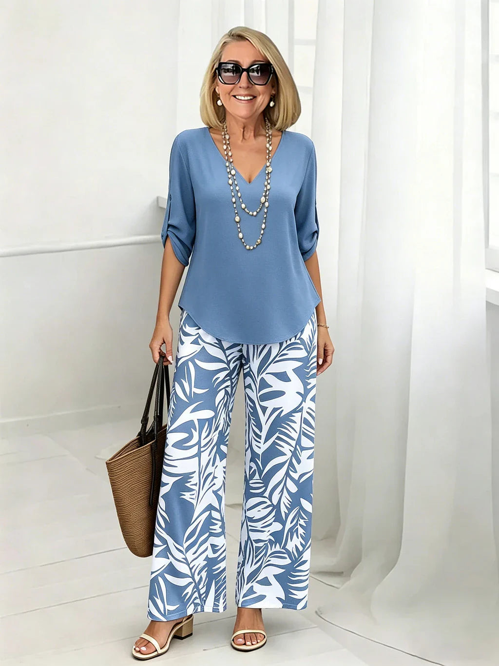 Women's V-Neck Blouse & Printed Wide-Leg Pants Set