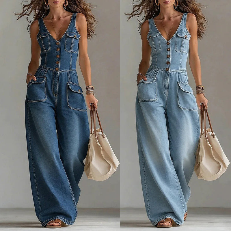 👖 LIMITED-TIME 59% OFF! 💥 Women's Denim Jumpsuit – Button-Front, Wide-Leg✨