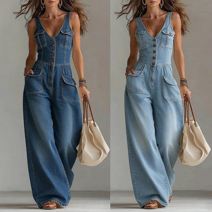👖 LIMITED-TIME 59% OFF! 💥 Women's Denim Jumpsuit – Button-Front, Wide-Leg✨