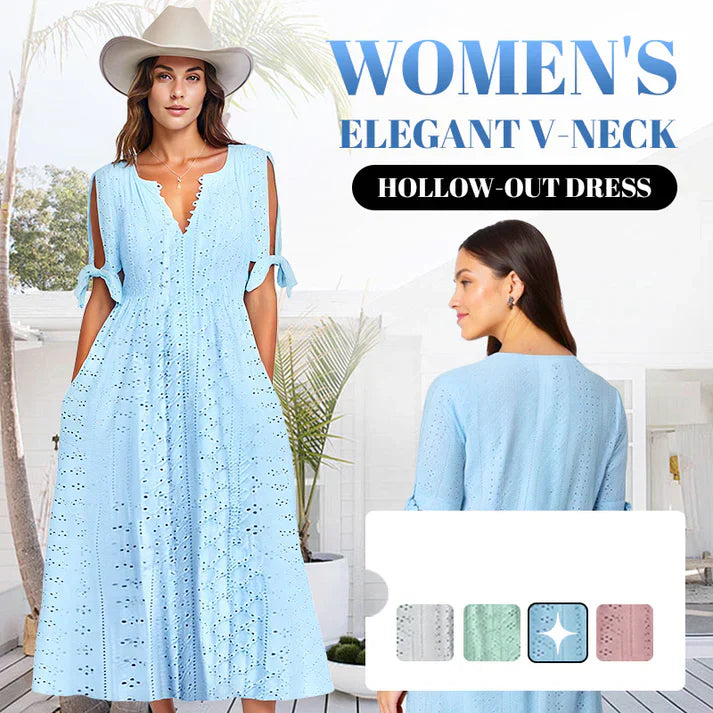 ⏰Last Day Sale 49% Off💃Women's Elegant V-Neck Hollow-Out Solid Dress