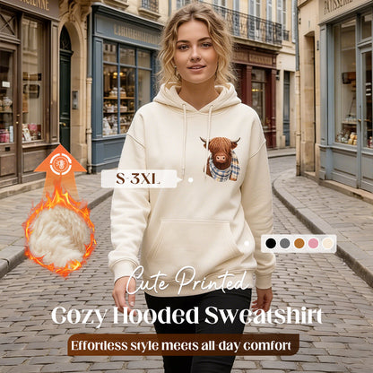 🐮 50% OFF!!🎁Cute Highland Cow Print Fleece Lined Hooded Sweatshirt 🧥 Warm Cozy Winter Hoodie