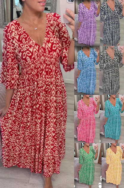 💖LAST DAY SALE 50% OFF💖Bohemian casual print V-neck waist wrap long dress