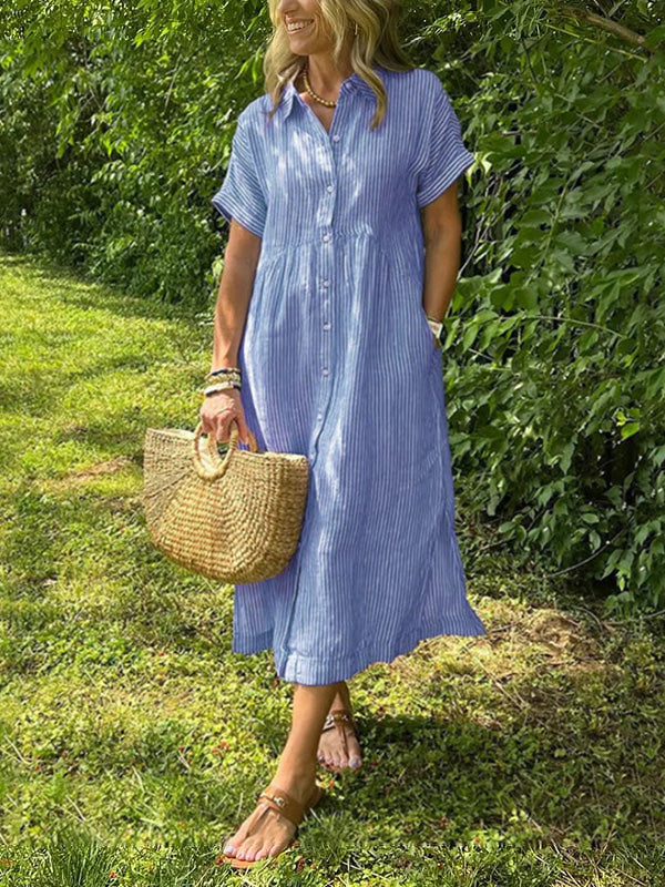 🎁New arrival 50% OFF💥Striped Lapel Button Down Shirt Dress | With Functional Pockets