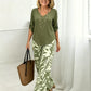 Women's V-Neck Blouse & Printed Wide-Leg Pants Set
