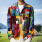 Unisex Simple Rainbow Color Plaid Vintage Printed Lapel Long Sleeve Pocket Shirt