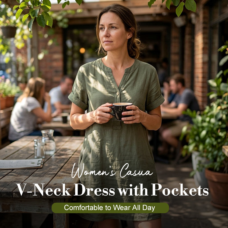 🏖️50% OFF!👗Women's V-Neck Tunic Dress – Relaxed Fit, Pockets & Breathable