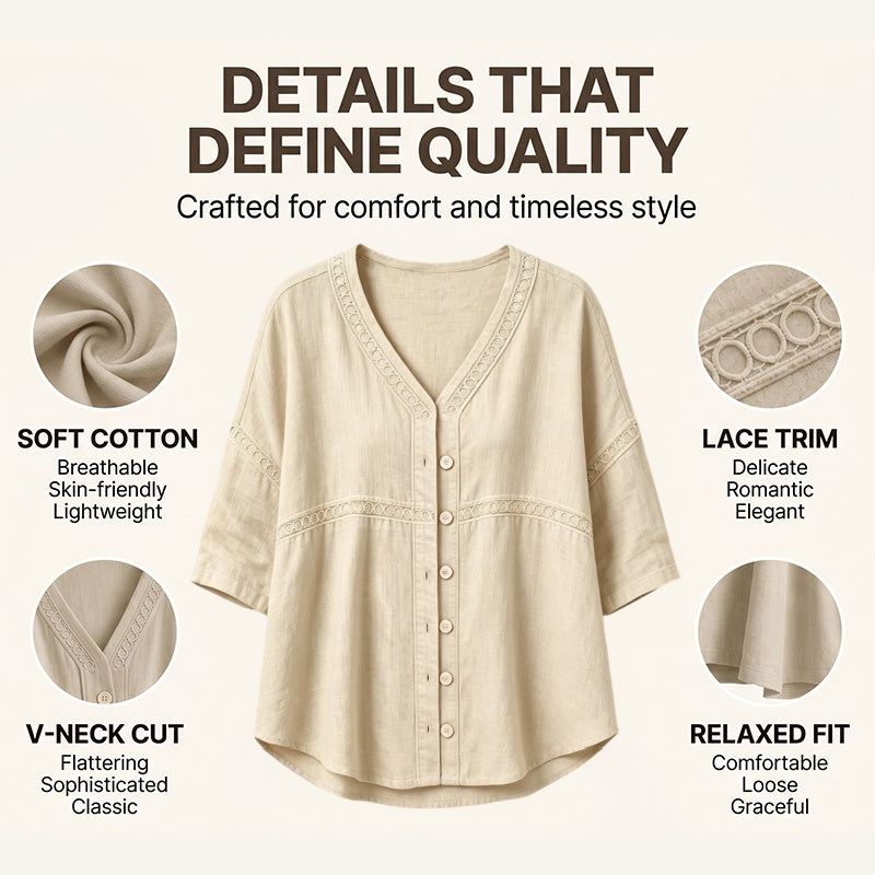 Women's V-Neck Lace Trim Button-Down Blouse