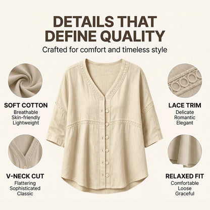 Women's V-Neck Lace Trim Button-Down Blouse