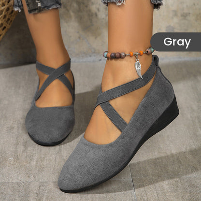 🔥Hot Sale🔥Elegant Solid Color Elastic Strap Low Wedge Shoes